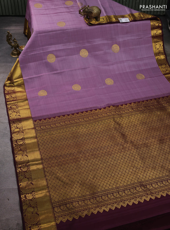 Pure kanchipuram silk saree lavender and deep wine with zari woven buttas and rich zari woven border
