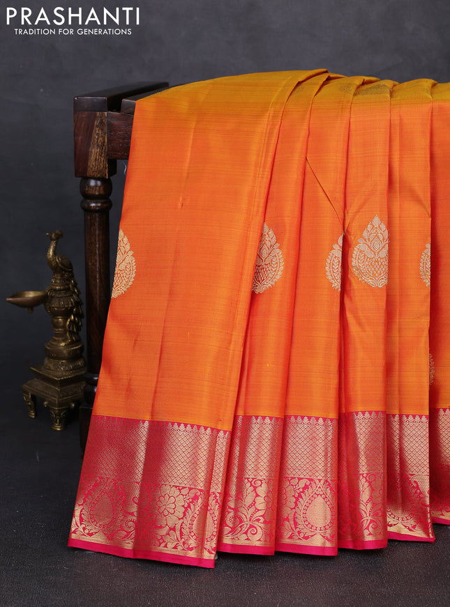 Pure kanchipuram silk saree dark mustard and pink with zari woven buttas and zari woven border
