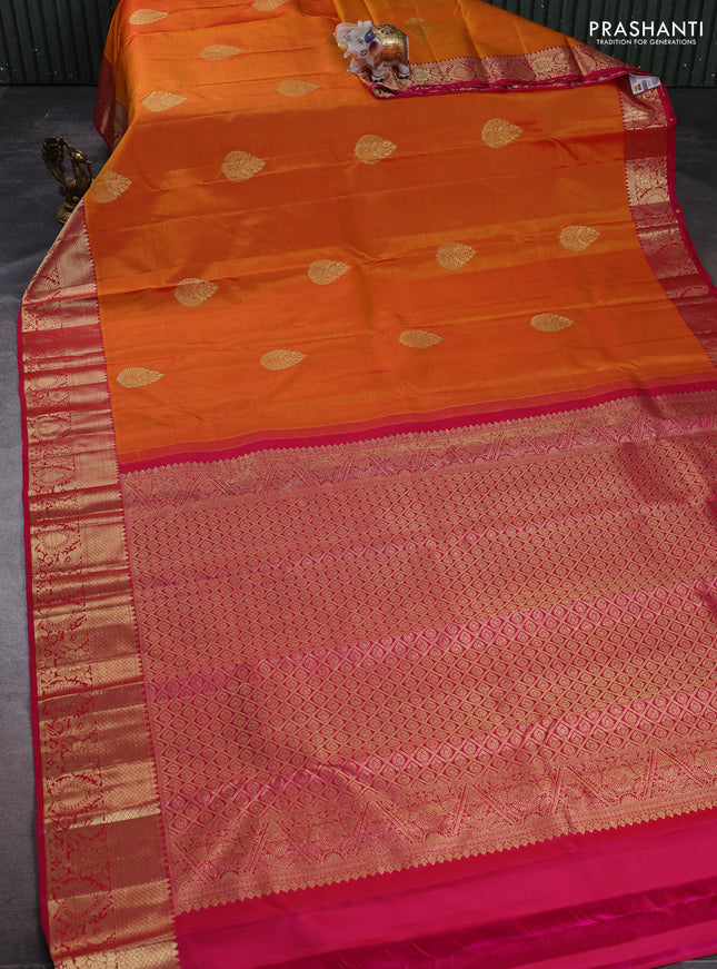 Pure kanchipuram silk saree dark mustard and pink with zari woven buttas and zari woven border