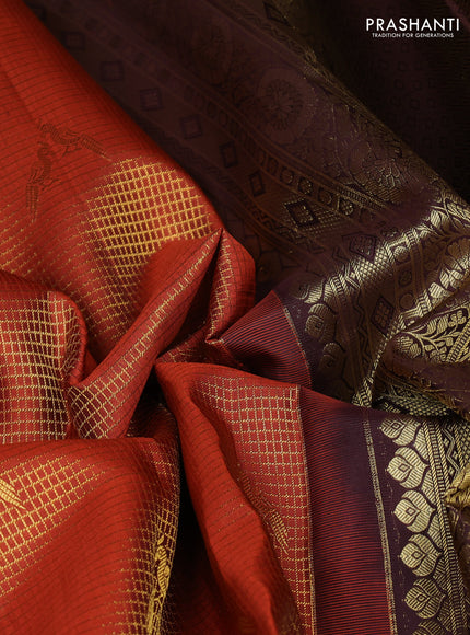 Pure kanchipuram silk saree rust shade and coffee brown with allover small zari checks & buttas and zari woven border
