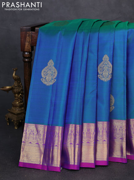 Pure kanchipuram silk saree dual shade of bluish green and pink with zari woven buttas and rich zari woven border