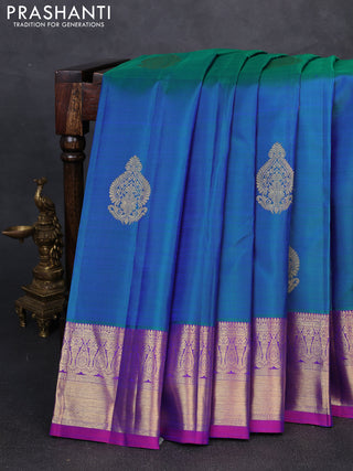 Pure kanchipuram silk saree dual shade of bluish green and pink with zari woven buttas and rich zari woven border