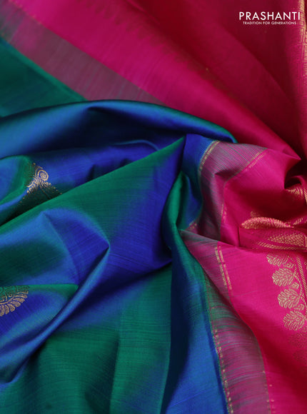 Pure kanchipuram silk saree dual shade of bluish green and pink with zari woven buttas and rich zari woven border