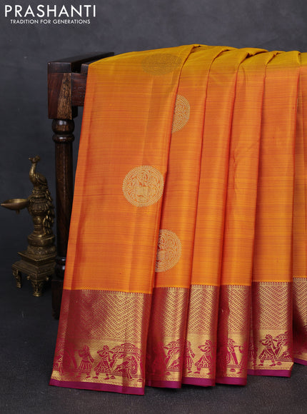 Pure kanchipuram silk saree dark mustard and magenta pink with zari woven buttas and zari woven border