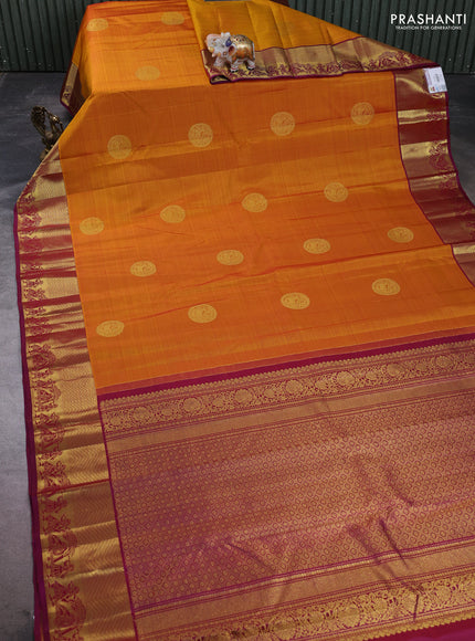 Pure kanchipuram silk saree dark mustard and magenta pink with zari woven buttas and zari woven border