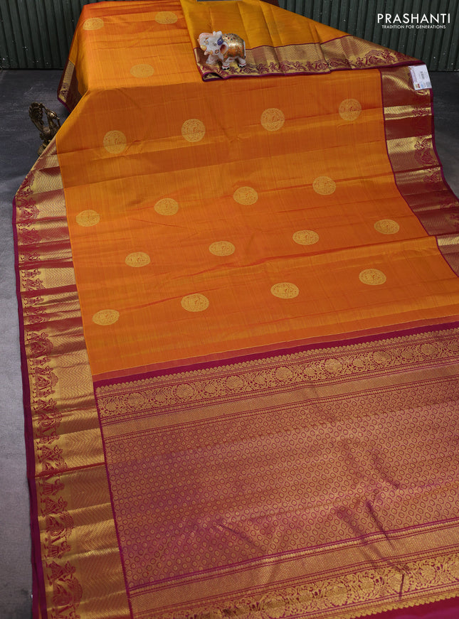 Pure kanchipuram silk saree dark mustard and magenta pink with zari woven buttas and zari woven border