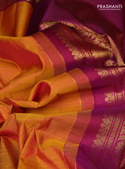 Pure kanchipuram silk saree dark mustard and magenta pink with zari woven buttas and zari woven border