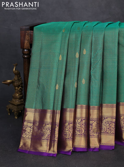 Pure kanchipuram silk saree green and violet with allover small zari checks & buttas and rich long zari woven border