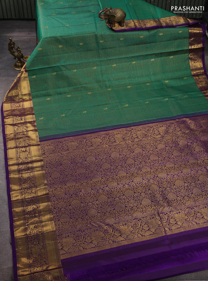 Pure kanchipuram silk saree green and violet with allover small zari checks & buttas and rich long zari woven border