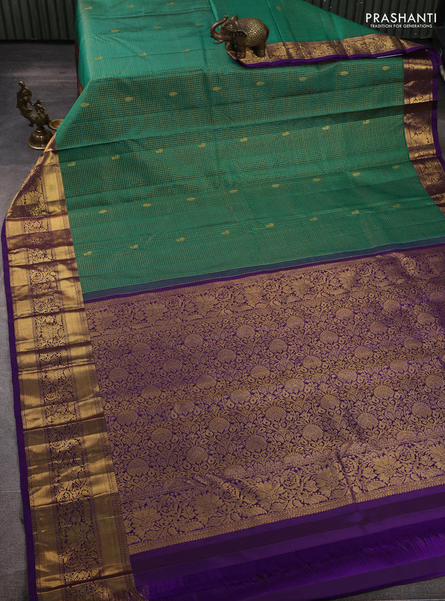 Pure kanchipuram silk saree green and violet with allover small zari checks & buttas and rich long zari woven border