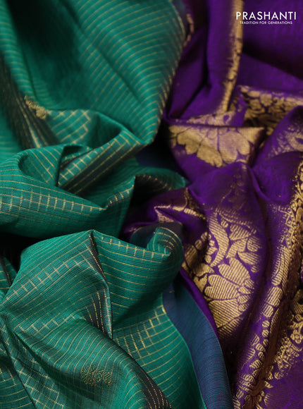Pure kanchipuram silk saree green and violet with allover small zari checks & buttas and rich long zari woven border