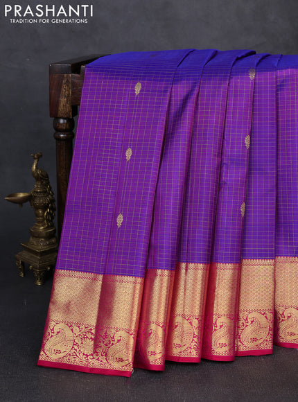 Pure kanchipuram silk saree purple and pink with allover small zari checks & buttas and zari woven border