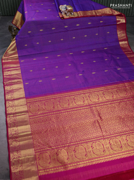Pure kanchipuram silk saree purple and pink with allover small zari checks & buttas and zari woven border