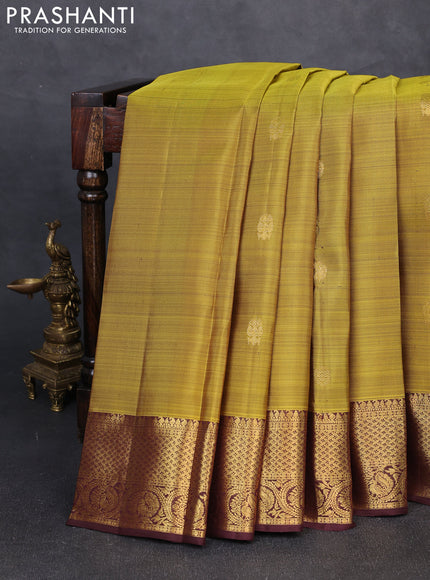 Pure kanchipuram silk saree mehendi green and coffee brown with zari woven buttas and zari woven border