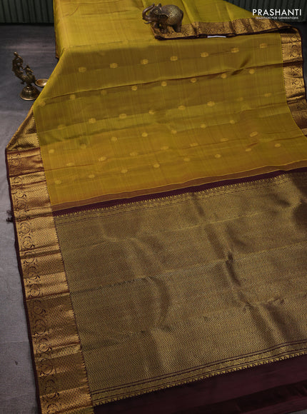 Pure kanchipuram silk saree mehendi green and coffee brown with zari woven buttas and zari woven border