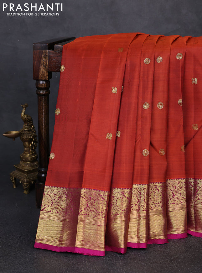 Pure kanchipuram silk saree rust shade and pink with zari woven buttas and rich zari woven border