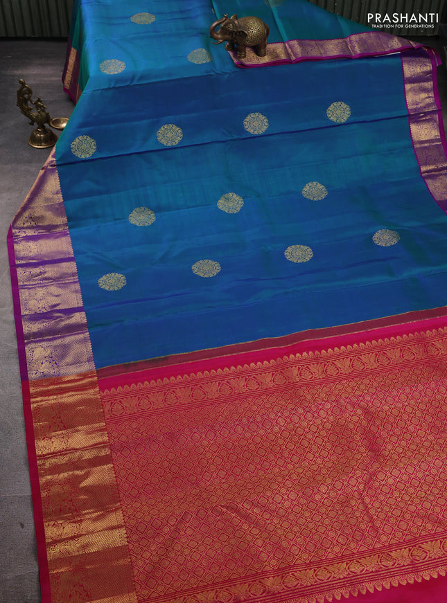 Pure kanchipuram silk saree dual shade of bluish green and pink with zari woven buttas and zari woven border