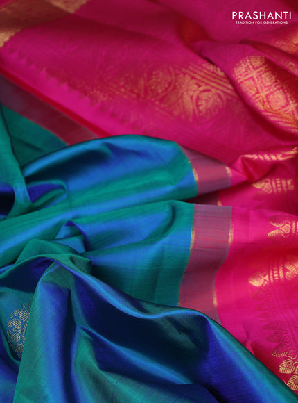 Pure kanchipuram silk saree dual shade of bluish green and pink with zari woven buttas and zari woven border