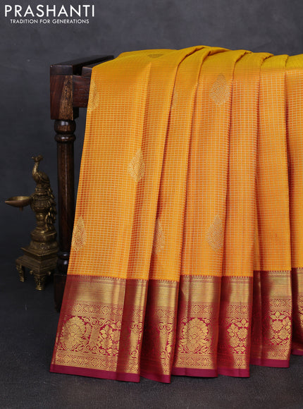 Pure kanchipuram silk saree mustard yellow and wine shade with allover small zari checks & buttas and rich zari woven border