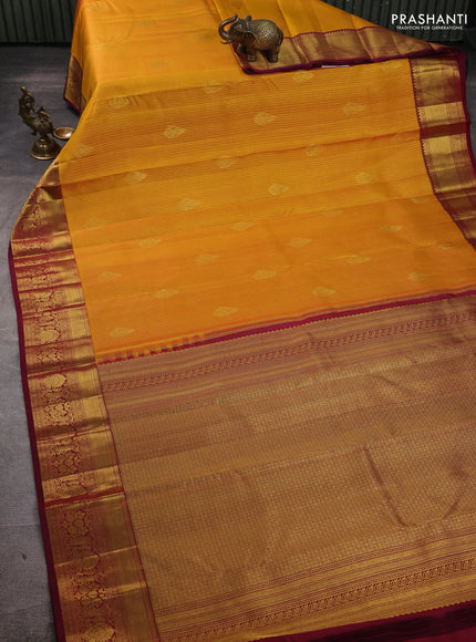 Pure kanchipuram silk saree mustard yellow and wine shade with allover small zari checks & buttas and rich zari woven border