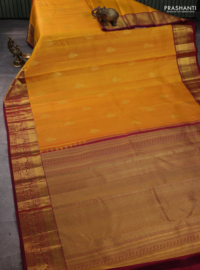 Pure kanchipuram silk saree mustard yellow and wine shade with allover small zari checks & buttas and rich zari woven border