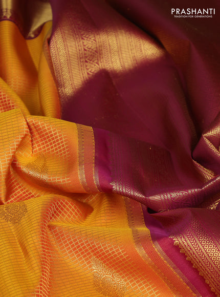 Pure kanchipuram silk saree mustard yellow and wine shade with allover small zari checks & buttas and rich zari woven border