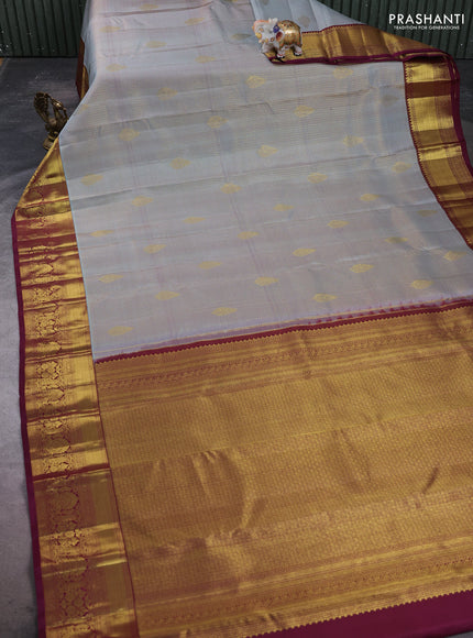 Pure kanchipuram silk saree grey and wine shade with allover small zari checks & buttas and rich zari woven border