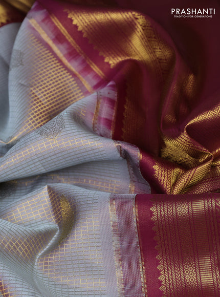Pure kanchipuram silk saree grey and wine shade with allover small zari checks & buttas and rich zari woven border