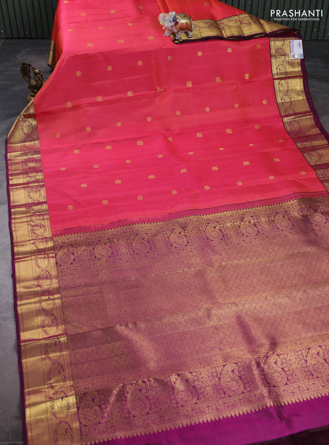 Pure kanchipuram silk saree dual shade of pinkish orange and pink with zari woven buttas and rich zari woven border