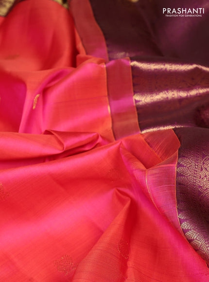 Pure kanchipuram silk saree dual shade of pinkish orange and pink with zari woven buttas and rich zari woven border