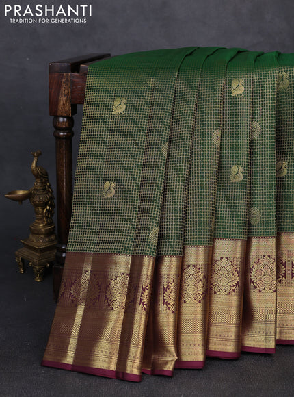 Pure kanchipuram silk saree green and coffee brown with allover small zari checks & buttas and long zari woven border