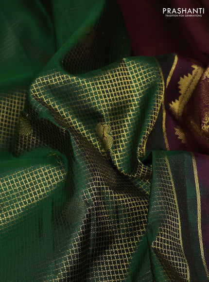 Pure kanchipuram silk saree green and coffee brown with allover small zari checks & buttas and long zari woven border