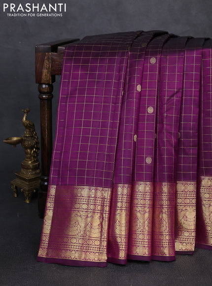 Pure kanchipuram silk saree wine shade with allover zari checks & buttas and long zari woven border