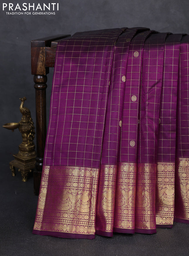 Pure kanchipuram silk saree wine shade with allover zari checks & buttas and long zari woven border