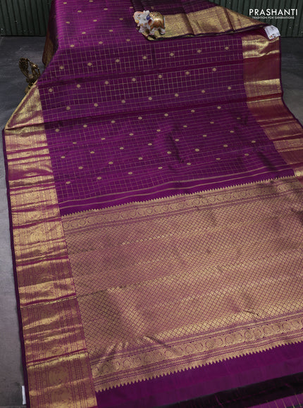 Pure kanchipuram silk saree wine shade with allover zari checks & buttas and long zari woven border