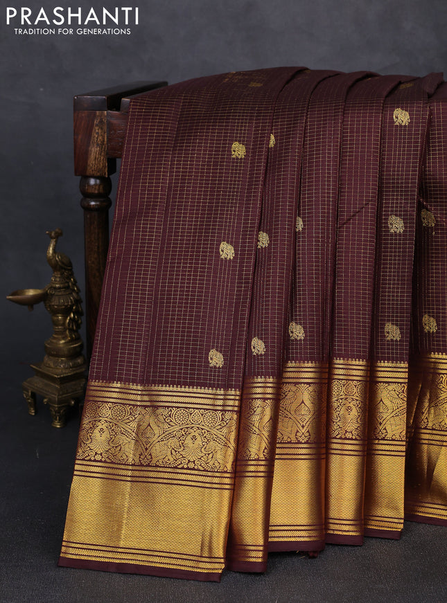 Pure kanchipuram silk saree coffee brown with allover small zari checks & buttas and long rich zari woven border