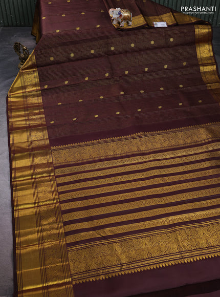 Pure kanchipuram silk saree coffee brown with allover small zari checks & buttas and long rich zari woven border