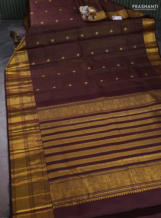 Pure kanchipuram silk saree coffee brown with allover small zari checks & buttas and long rich zari woven border