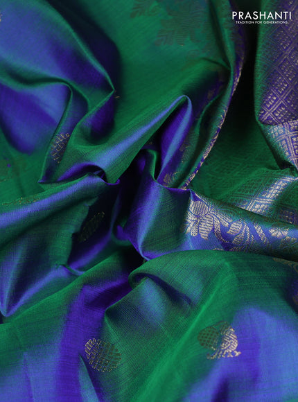 Pure kanchipuram silk saree dual shade of bluish green with allover zari woven buttas and zari woven border