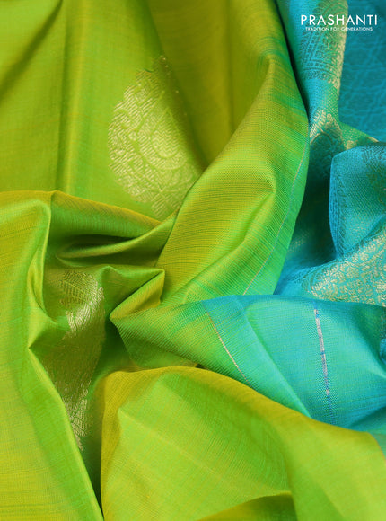 Pure kanchipuram silk saree fluorescent green and teal green with zari woven buttas and long zari woven border