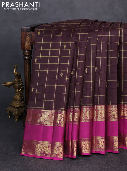 Pure kanchipuram silk saree coffee brown and magenta pink with allover zari checks & buttas and rettapet zari woven border