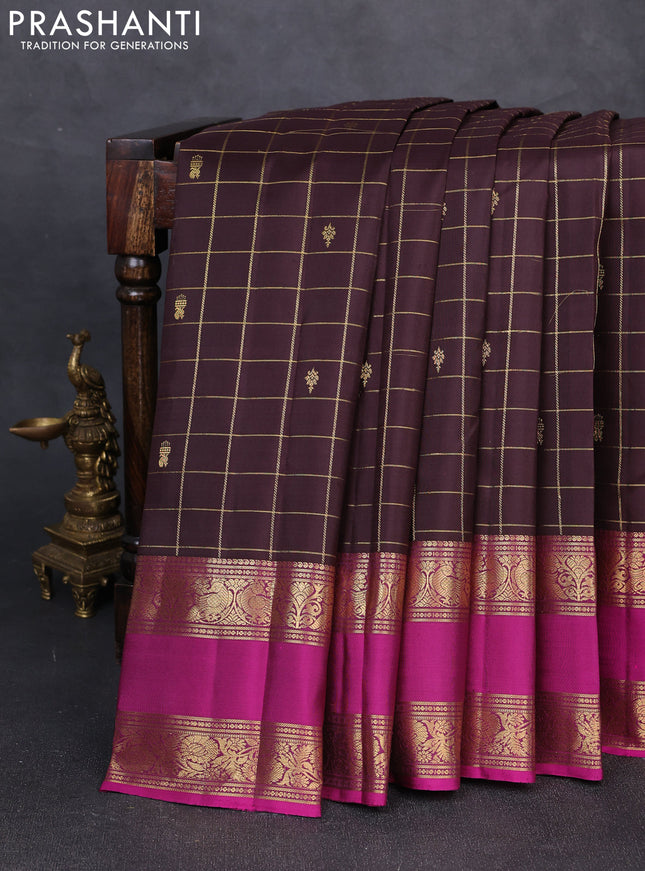 Pure kanchipuram silk saree coffee brown and magenta pink with allover zari checks & buttas and rettapet zari woven border