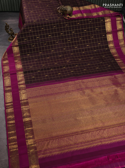 Pure kanchipuram silk saree coffee brown and magenta pink with allover zari checks & buttas and rettapet zari woven border
