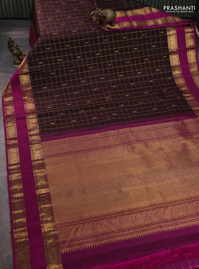 Pure kanchipuram silk saree coffee brown and magenta pink with allover zari checks & buttas and rettapet zari woven border