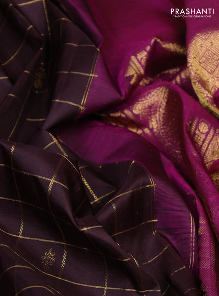 Pure kanchipuram silk saree coffee brown and magenta pink with allover zari checks & buttas and rettapet zari woven border
