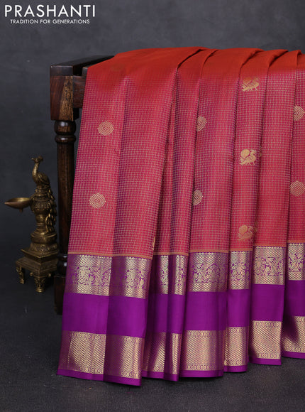 Pure kanchipuram silk saree maroon and violet with allover small zari checks & buttas and rettapet zari woven border