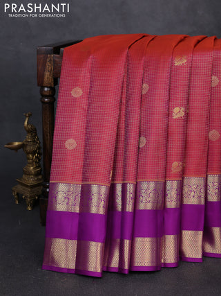 Pure kanchipuram silk saree maroon and violet with allover small zari checks & buttas and rettapet zari woven border