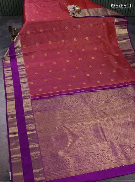 Pure kanchipuram silk saree maroon and violet with allover small zari checks & buttas and rettapet zari woven border