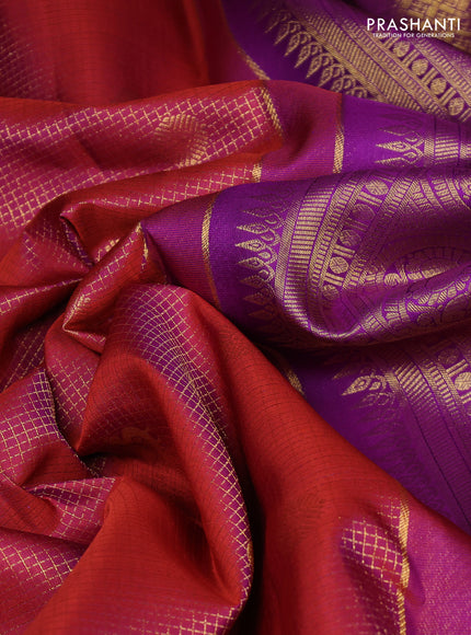 Pure kanchipuram silk saree maroon and violet with allover small zari checks & buttas and rettapet zari woven border