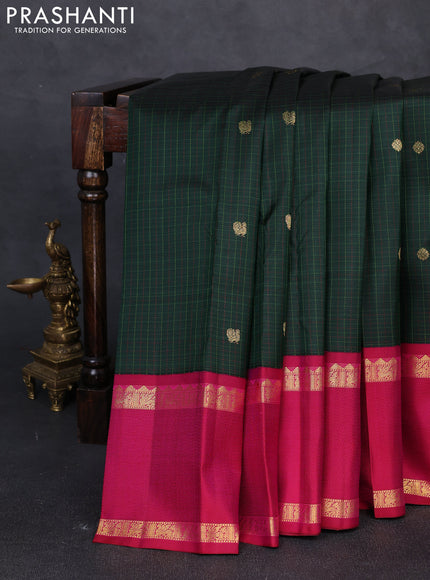 Pure kanchipuram silk saree bottle green and magenta pink with allover checks & zari woven buttas and long rettapet zari woven korvai border